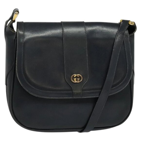 GUCCI Shoulder Bag Leather Black Gold Auth - Picture 1 of 15